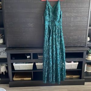 XSCAPE Womens Green Floral 3D V Neck Full-Length Evening Sleeveless Lace Dress